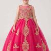 Girls fuchsia ball gown with gold embroidered appliqués, glitter tulle skirt, keyhole back, and lace-up corset closure shown from front